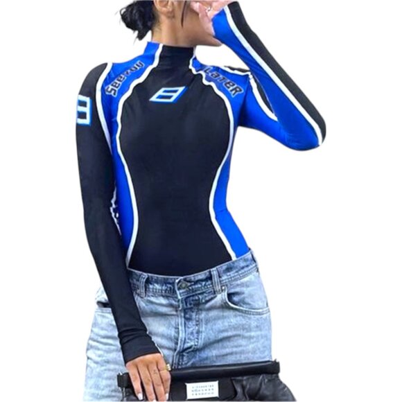 IAEY Tops - IAEY Fashion Sexy Lounge Bodysuit Size S Black Blue Long Sleeve Snap Closure NWT